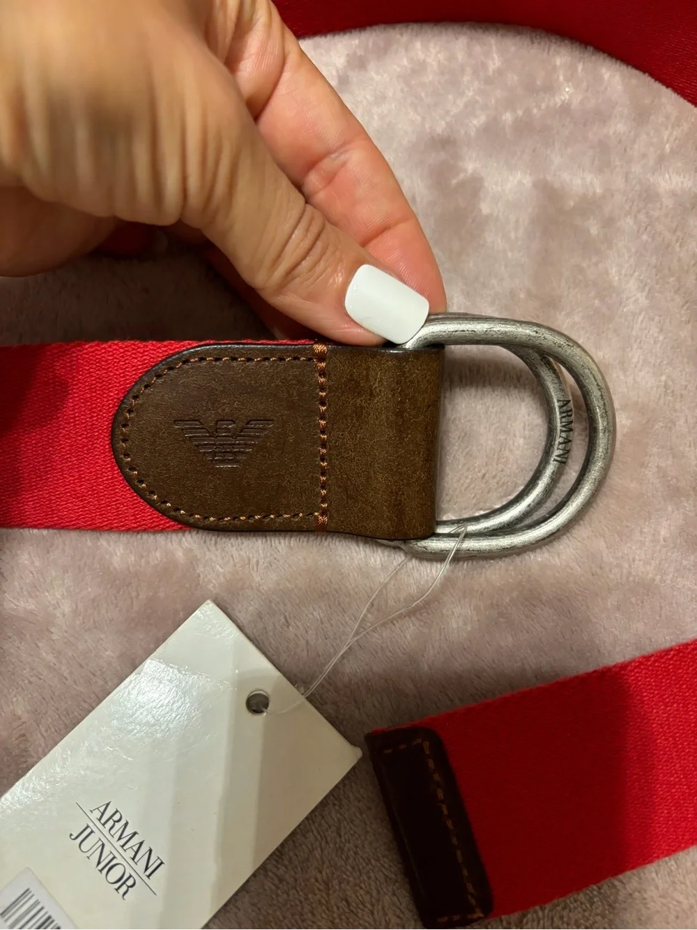 Armani Junior Red Webbing Belt with Brown Leather and Silver Rings 71 cm